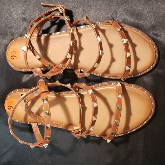 Madden Girl Brown 3-Strap with Ankle Wrap/Gold Studs Sandals - Picture 2 of 6